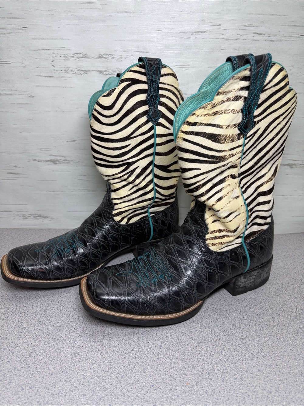 Ariat Black Leather & Zebra-Print Western Boots with Teal Trim
